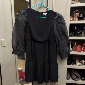 Black Puff-Sleeve Tiered Mini Dress